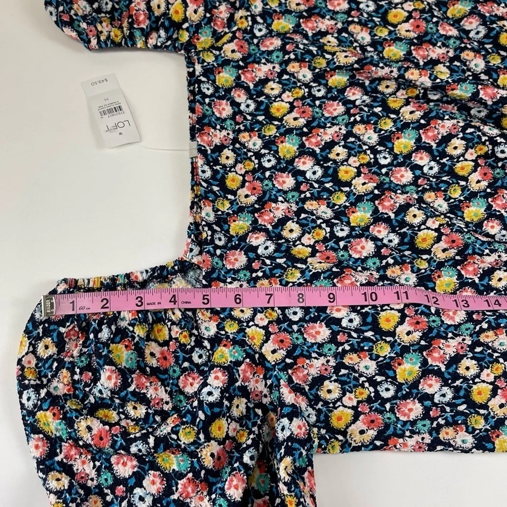 Loft Shirt Womens Size Medium Puff Sleeve Blouse Navy Blue Multi Floral NWT